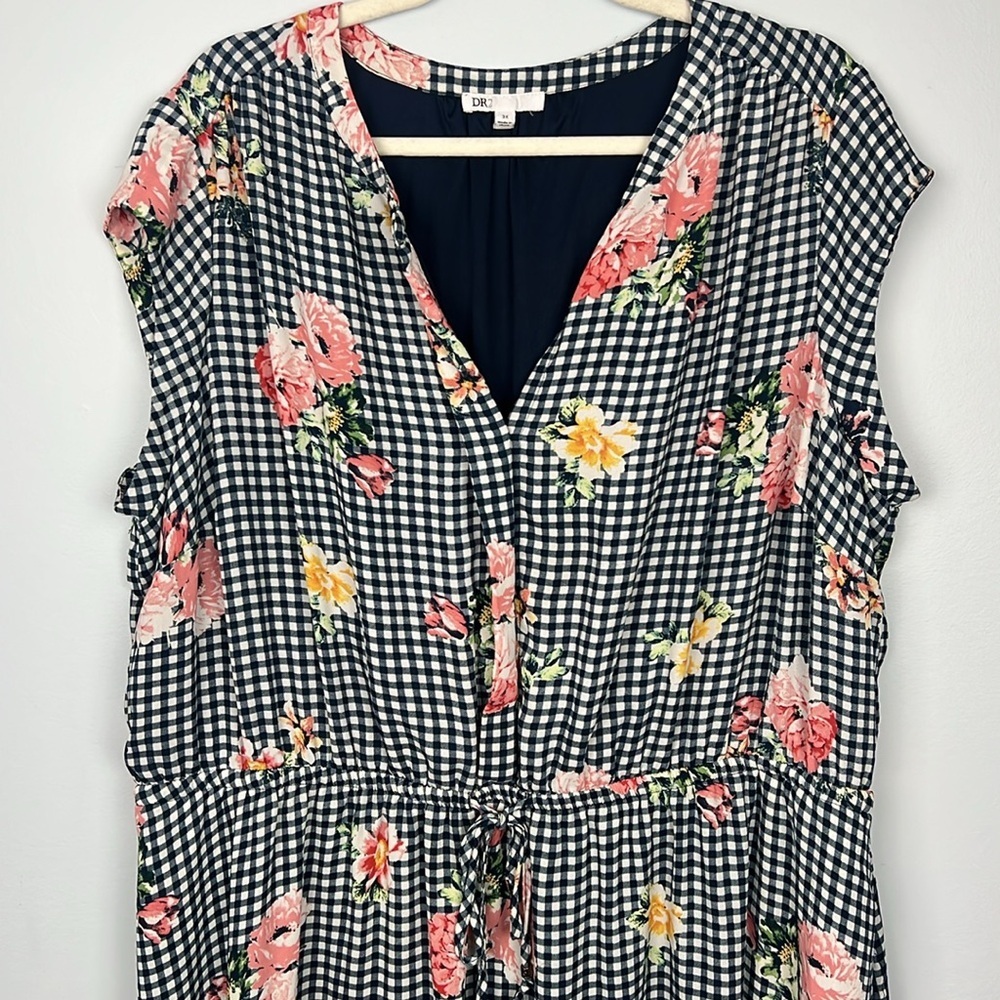 DR2 plus size 3X gingham and floral drawstring waist summer dress - Picture 2 of 9